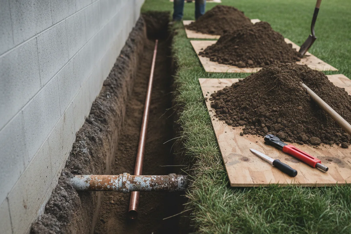 Excavated water line trench during Sewer Line Repair in Whitefish